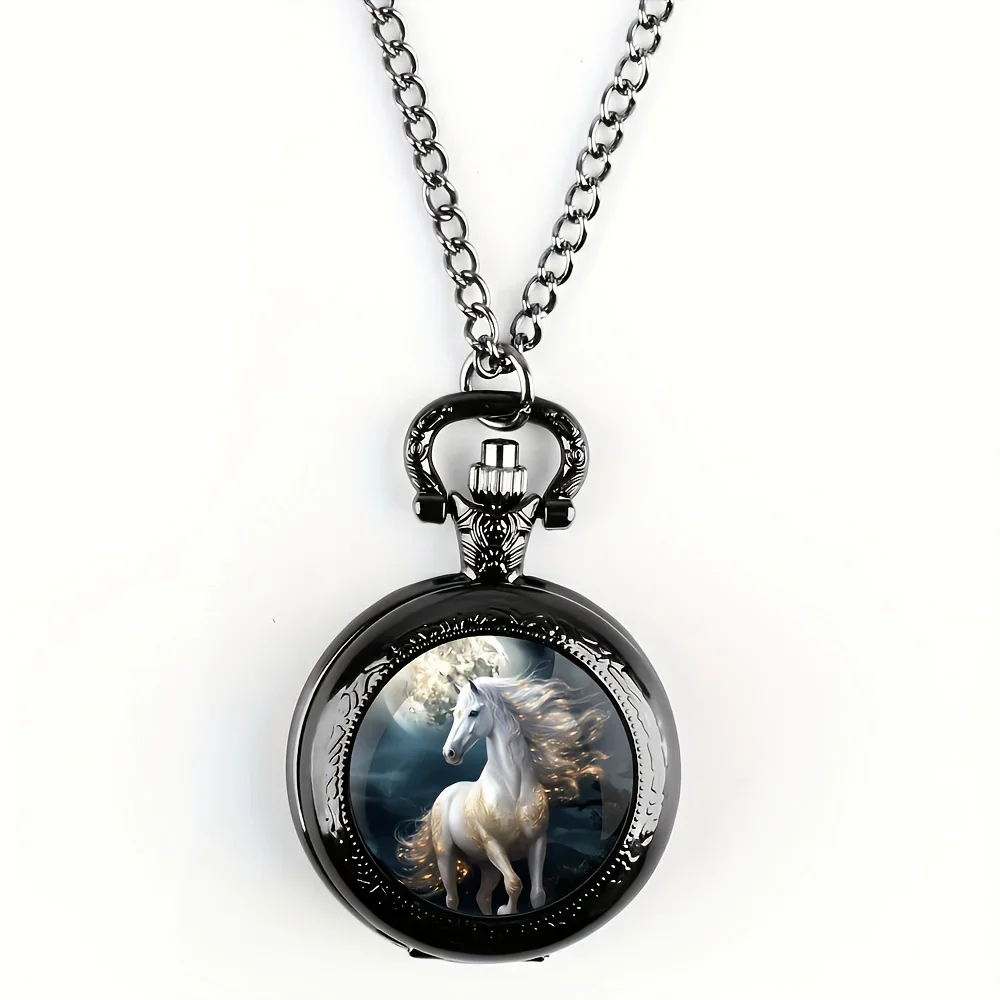Retro Silvery Horse Animal Necklace Pendant Quartz Pocket Watch