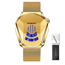 BINBOND Men's Stylish Luminous Quartz Watch with Steel Mesh Band and Touch Screen (W All Gold box)