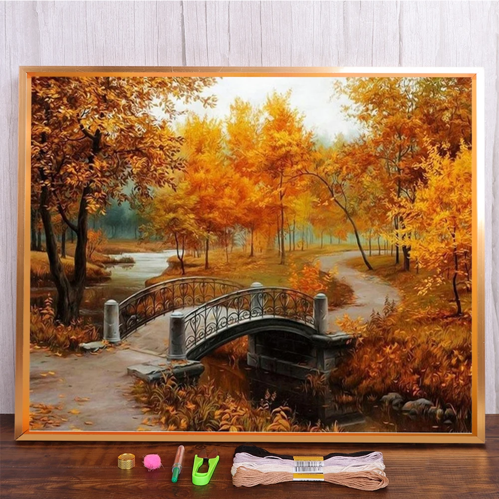 Meian Landscape Nature Golden Autumn DIY Cross Stitch 11CT Embroidery Kit Needlework Craft Set Printed Canvas Cotton Thread Home