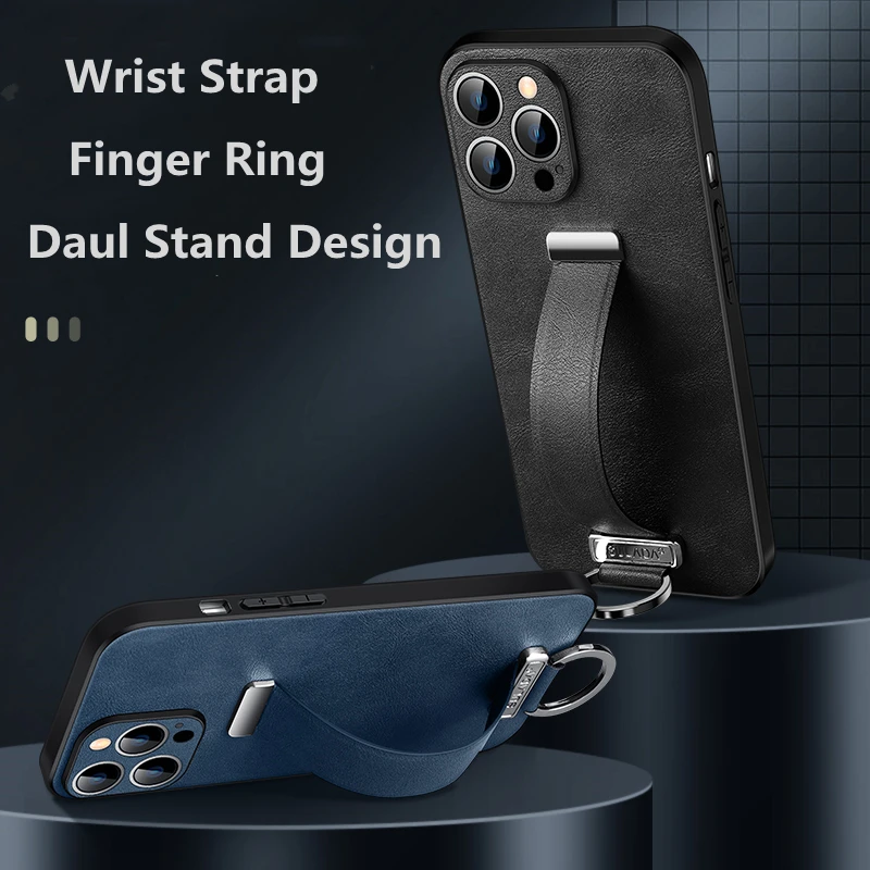 SULADA Luxury Oil Wax Leather Wristband Metal Ring Grip Case for iPhone 15 Pro Max 12 13 Pro 14 Plus Daul Stand Protective Cover