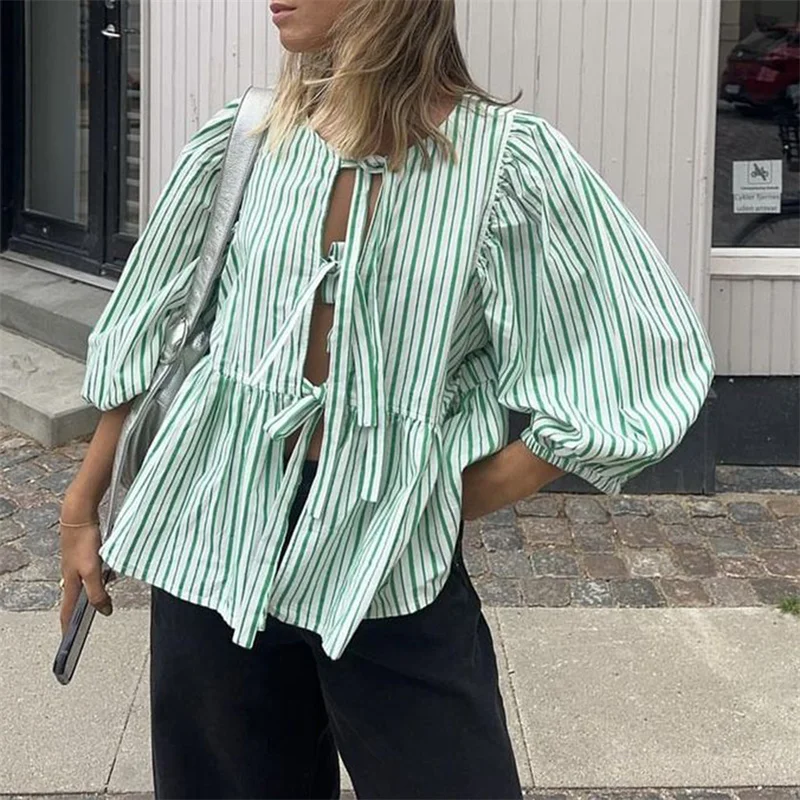 Camisas Y2K para mujer, ropa estética, elegante, color sólido/rayas, manga 3/4, cárdigan con lazo, blusa de los años 2000, ropa de calle