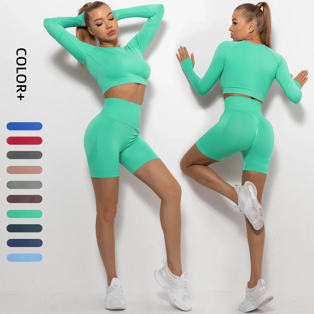 

Yoga Set Women Gym Running Fitness Clothes Sports Suit Solid Peach Hip Long Sleeve Shorts Women Workout Sets Sport Set Women