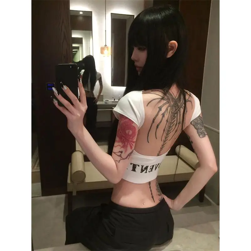 Seeslim hotsweet sem costas gráfico t camisas de manga curta impressão carta verão topos magro 2000s roupas y2k camisetas roupas femininas