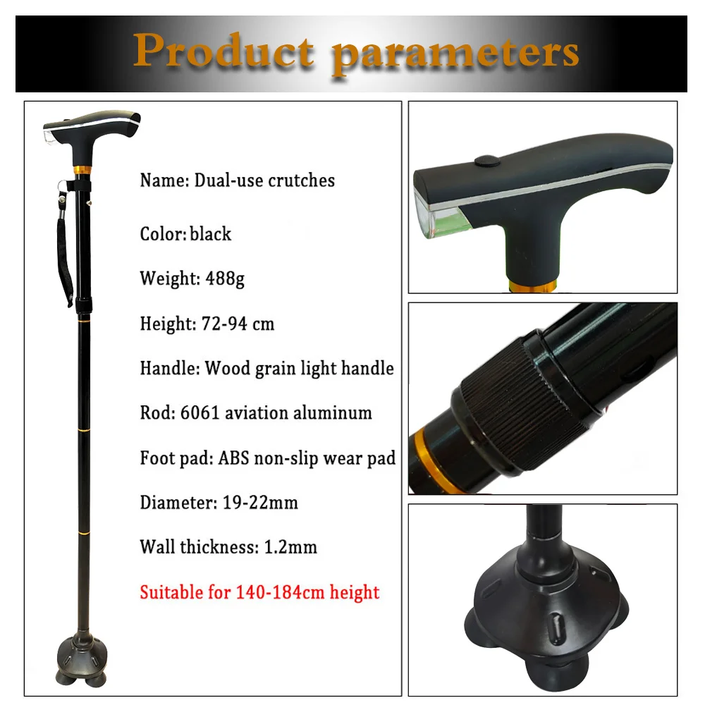 Folding Trekking Poles T-handle Hiking 5 Modes Adjustable Anti-Slip Poles Cane Old Man Crutches Stick Cane Crutch with LED Light 3