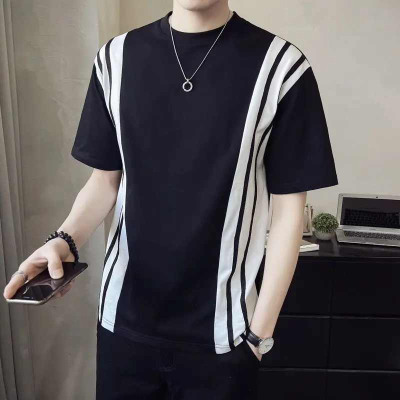 

Summer New Youth Fashion Trend Long Sleeved T-Shirts Men's Panelled Patchwork Asymmetrical Loose Round Neck Versatile Casual Top