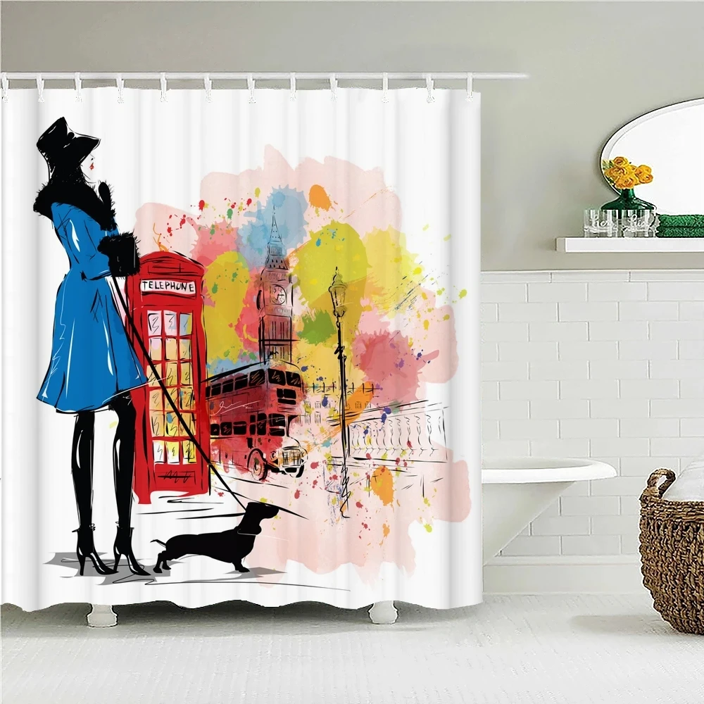 

Romantic oil Painting Printed shower curtain Bustling city figures Watercolor art Home decoration bathroom Curtain