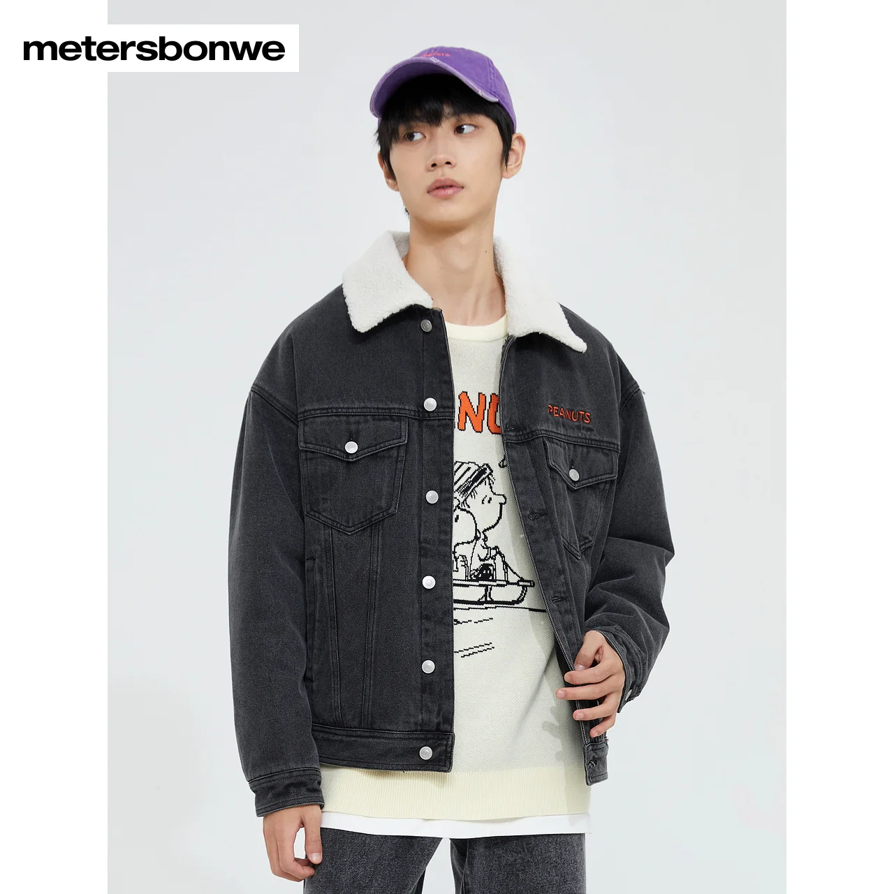 Metersbonwe 22 New Men Printed Denim Jacket Lapel Loose Short Winter Fashion Warm Cotton-Padded Jackets Joker Outwear