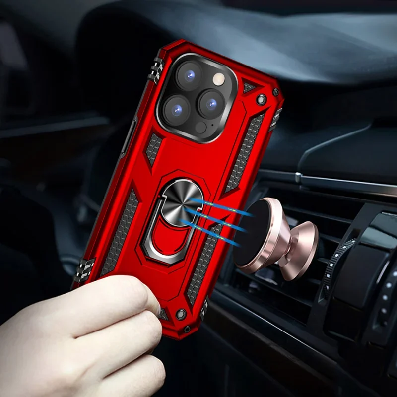 Shockproof Armor Bumper Case with Finger Holder and Magnetic Metal Ring Cover