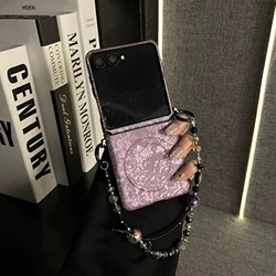 Retro Luxury Magnetic Shell Pattern Case with Beaded Bracelet Chain Back Cover - Z Flip 5 (A)