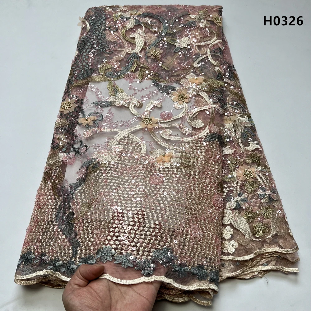 

African Nigerian Tulle Lace Fabric,High Quality，Sequins EmbroideryBeaded, French GuipureWedding Party Dress, 5Yards, 2024