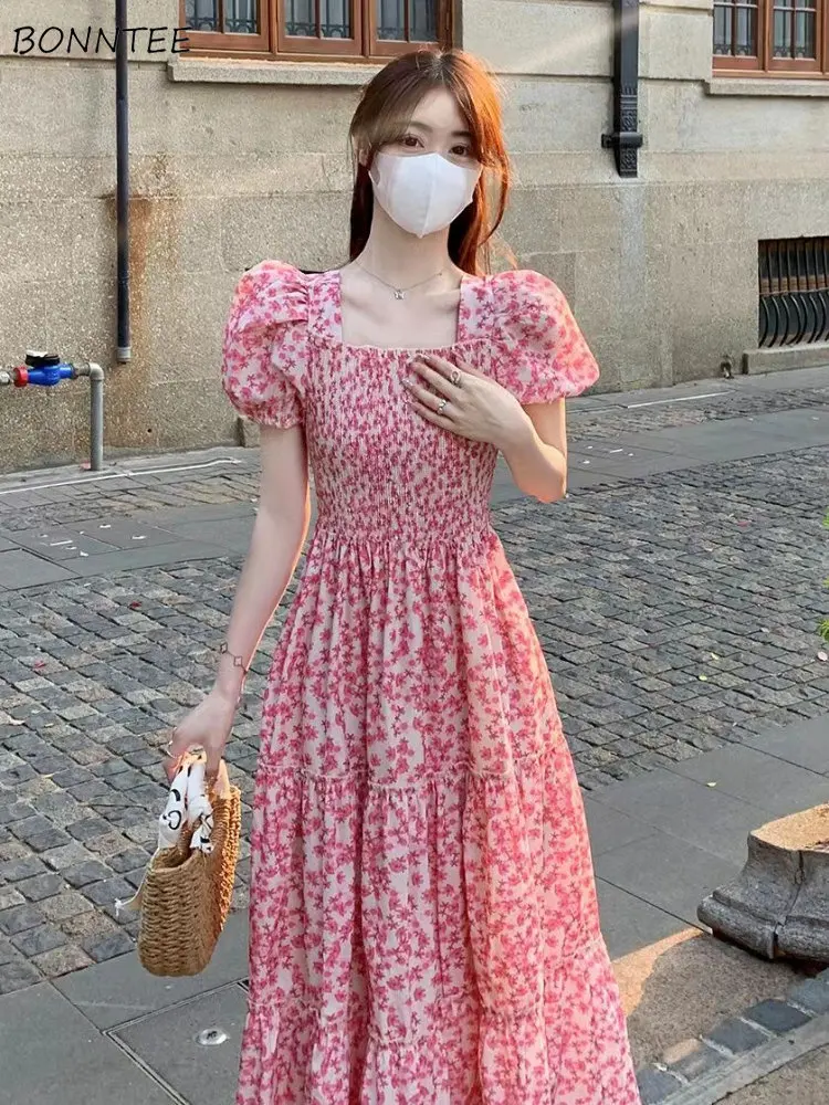 

Summer Dress Women Maxi Pink Romantic Vintage French Style Square Collar Princess A-line Vacation Printed Vestidos Sweet