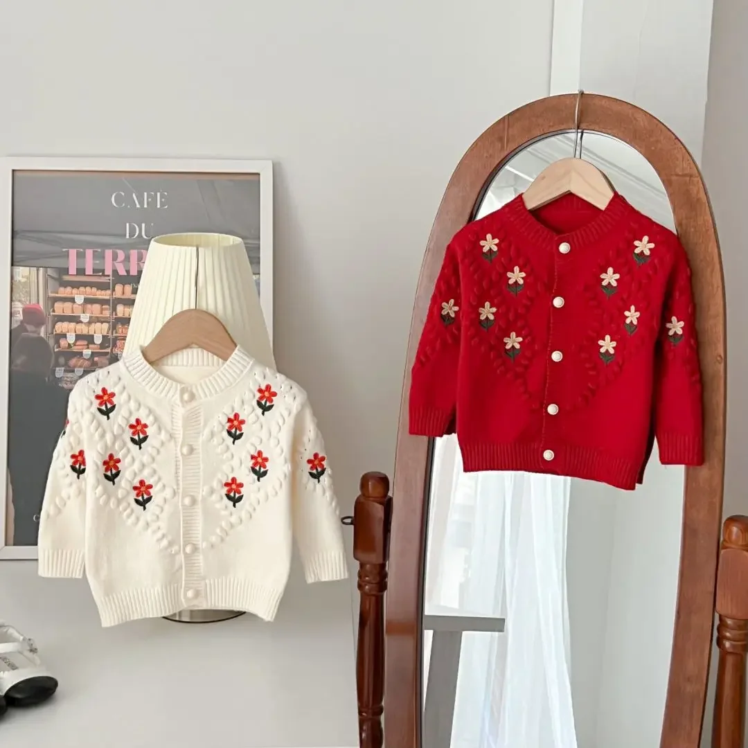 

Sweater Coat Children Clothing New Korean Sweet Embroidery Soild Flower Knitting Girls Round Collar Print Embroidery