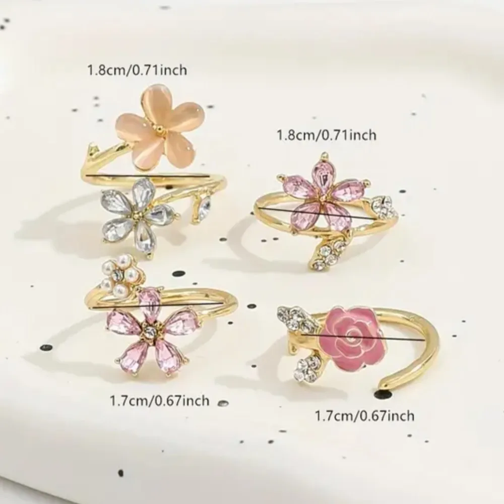 4pcs Set of Rhinestone Imitation Pearl Oil Painting Stacked Ring Set for Women Elegant And Sexy Pink Flower Rings Jewelry Gifts