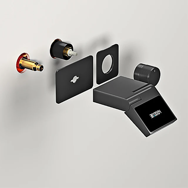 ก๊อกน้ําห้องน้ําหรูหราทองเหลืองสีเทาปืนพร้อมการออกแบบติดผนัง เครื่องผสมอ่างล้างหน้าจอแสดงผลดิจิตอล LED แบบสองรู 4