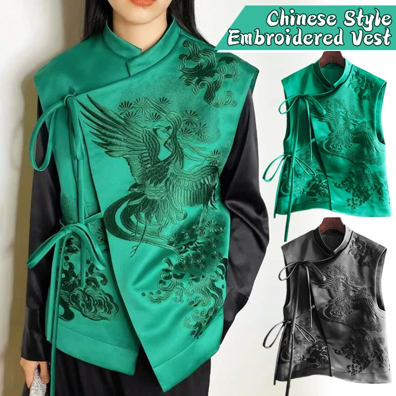 Retro Luxury White Stork Embroidery Waistcoats Chinese Style Vest Jacket Female Spring Summer Sleeveless Coat Hanfu Clothes