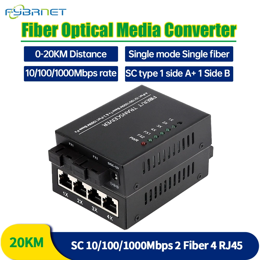 

1 Pcs Gigabit 2 Fiber Ports 4 RJ45 Port fiber media Converter 1310nm/1550nm Single Mode simplex 20km SC Fibra Optical converter