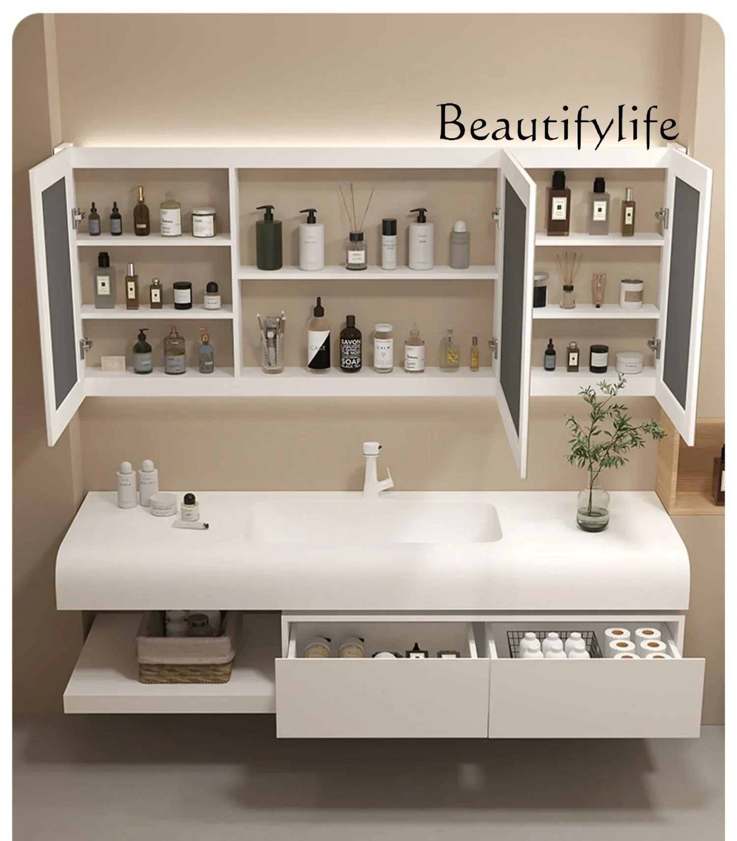 smart bathroom washbasin cabinet multifunctional Corian integrated basin bathroom cabinet combination