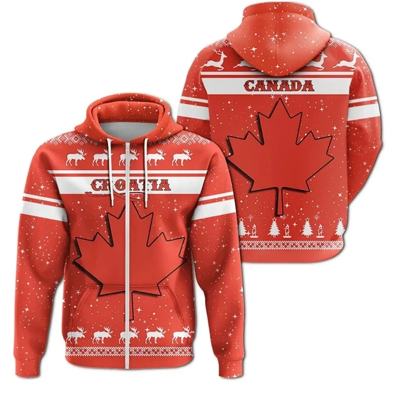thumbnail image 1 of Sudadera con capucha y cremallera con estampado de la bandera nacional de Canadá para hombre, moda con impresión 3D, novedad en sudaderas, estilo hip hop, estilo Harajuku, camisetas de gran tamaño, 1 of 4