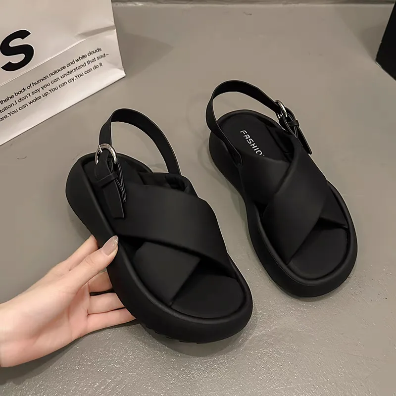 Lambskin Thick Soled Cross Buckle Casual Sandals With Bubble Bread women sandals wedge sandals