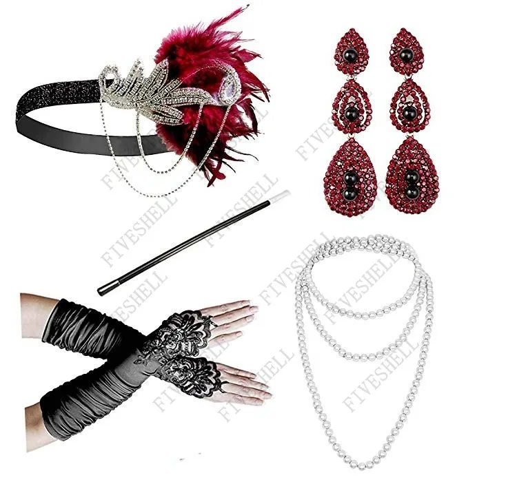 

1920s Cosplay Set For Women Flapper Dress Accessories Retro Party Props GATSBY Headband Pearl Necklace White Feather Band