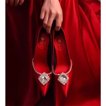 Spring and summer new pointed shallow rhinestone satin wedding shoes thin high-heeled banquet dress large-size women's sandals