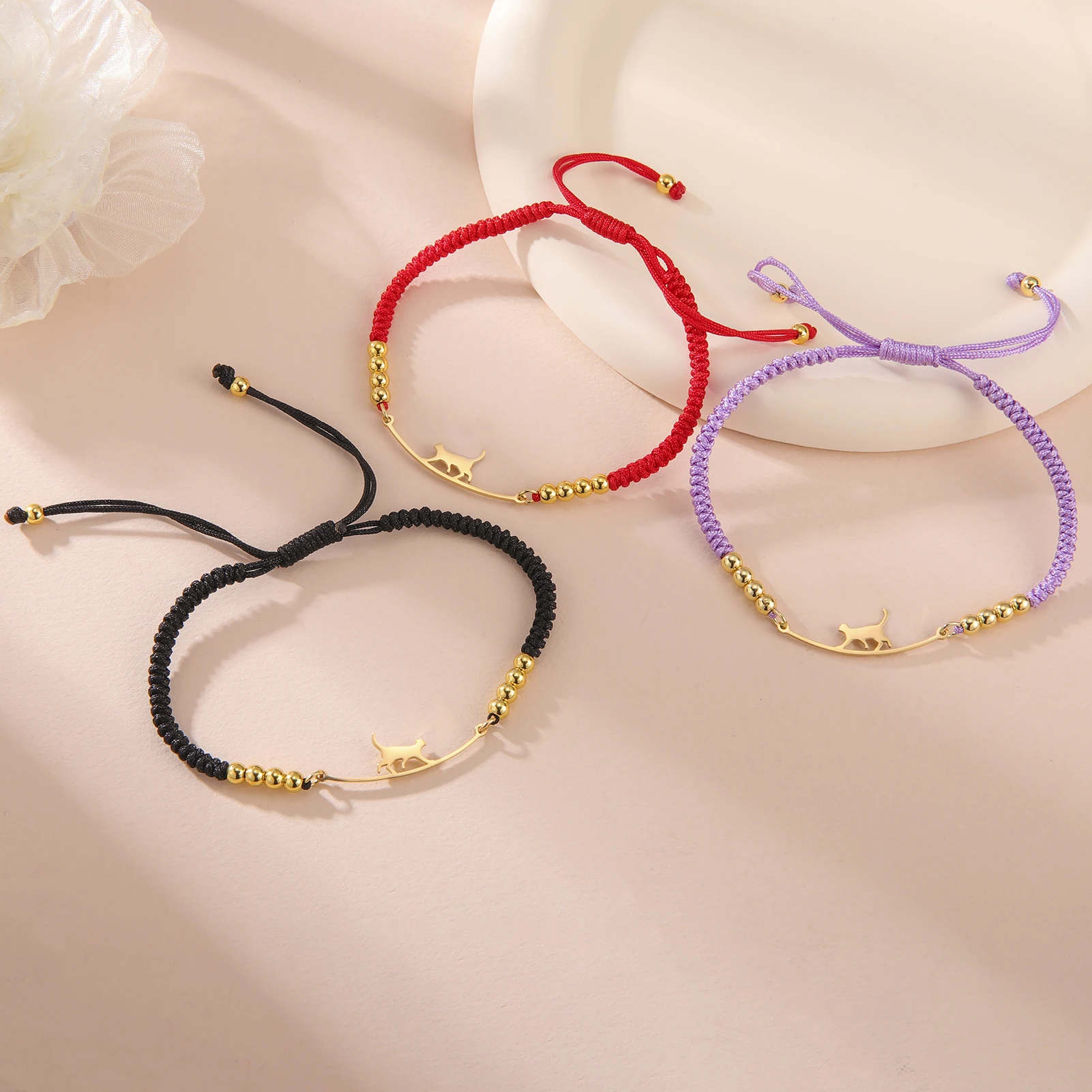 Stainless Steel Gold Color Cat Charm Bracelet for Girls' Braided Rope Bracelets - PeticaDeals