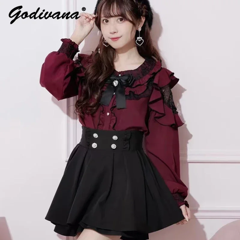 Japanese Blouse Women Top Elegant Lace Ruffles Off Shoulder Sweet Bow Mine  Spring Autumn New Long Sleeve Shirt JK Girl Camisas women s jumpsuit shorts 2023 spring new fashionable and sexy suspender floral print cowl neck layered ruffles romper spicy girl