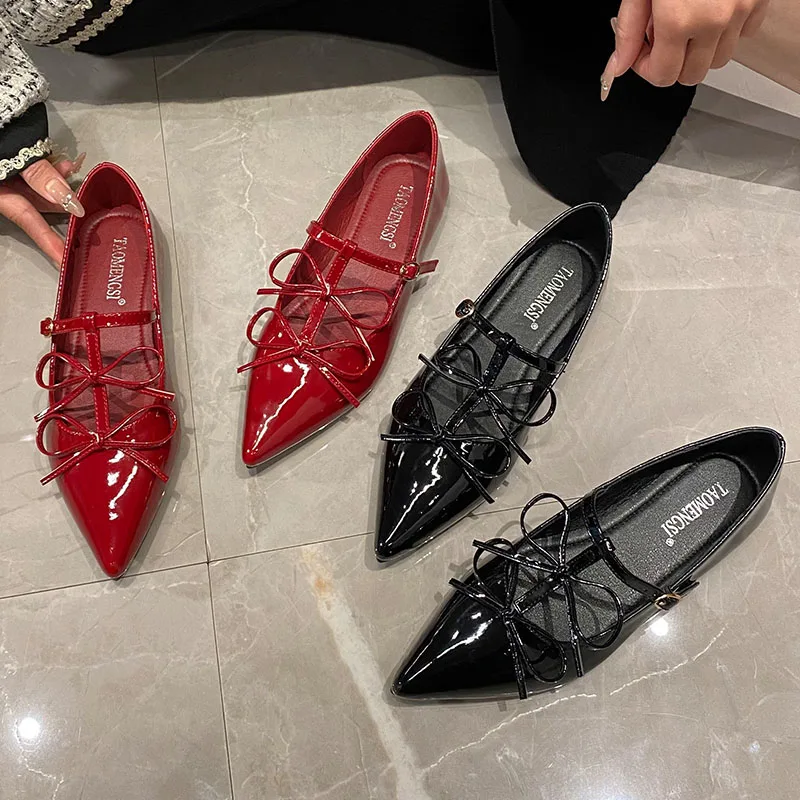Red Footwear Shallow Flats Shoes For Women Pointed Toe Female Butterfly-Knot Fashion T-Strap Ladies Mary Janes Flats Shoes 2