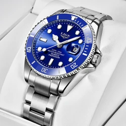LIGE Luxury Men's 30ATM Waterproof Diver Watch - Stylish Sport Quartz Wristwatch (Silver blue)