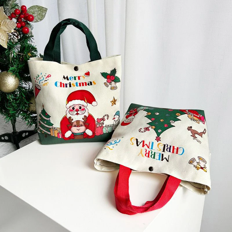 1PC Christmas Gift Bags With Santa Claus Reindeer & Snowman Designs Durable Canvas Tote Bags Party Candy Gift Storage Bag Bulk