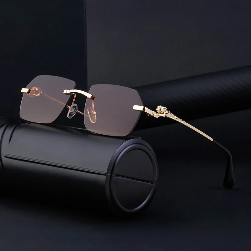 Retro Sonnenbrille Für Herren Quadratisch Randlos Leopard_voghion.com