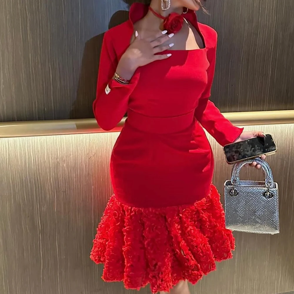 Customized Square Neck Jersey Straight Long Sleeves Short Elegant Party Gowns Pleats Solid Color Flowers Bespoke Occasion Gown