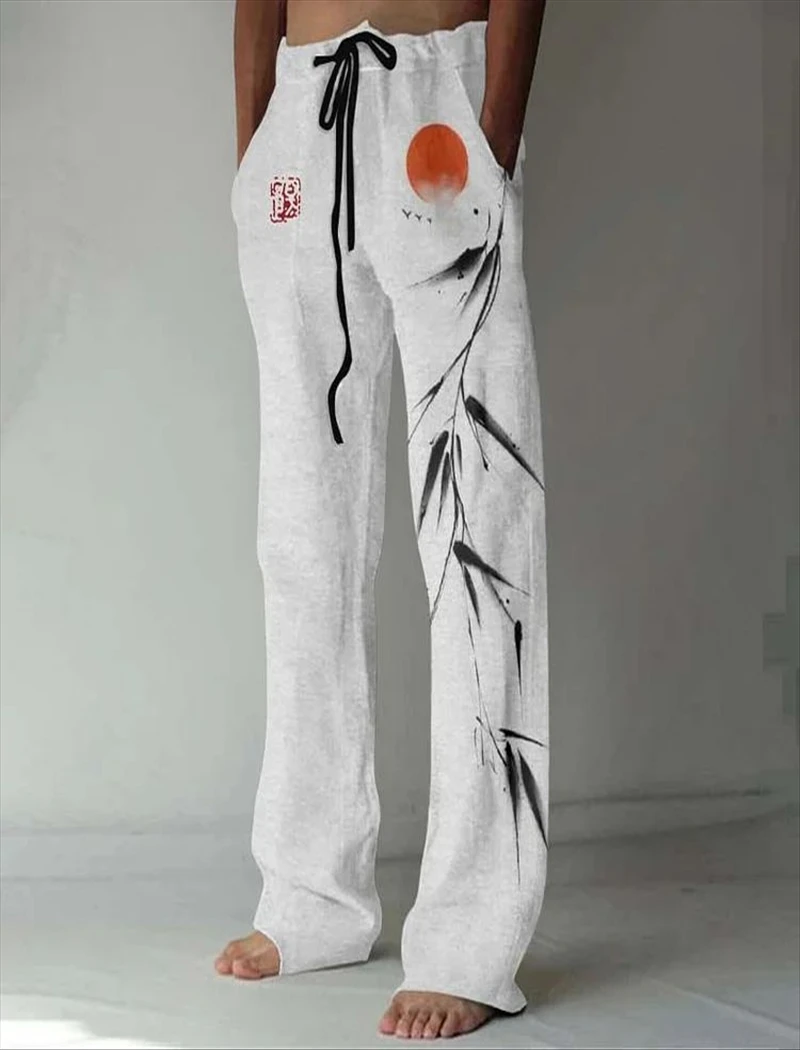 Summer Men's Thin Ink Animal Cat Comfortable Wide Leg Pants Fashion Comfortable Striped Women's Thin Pants Hot Sale Men's Casual