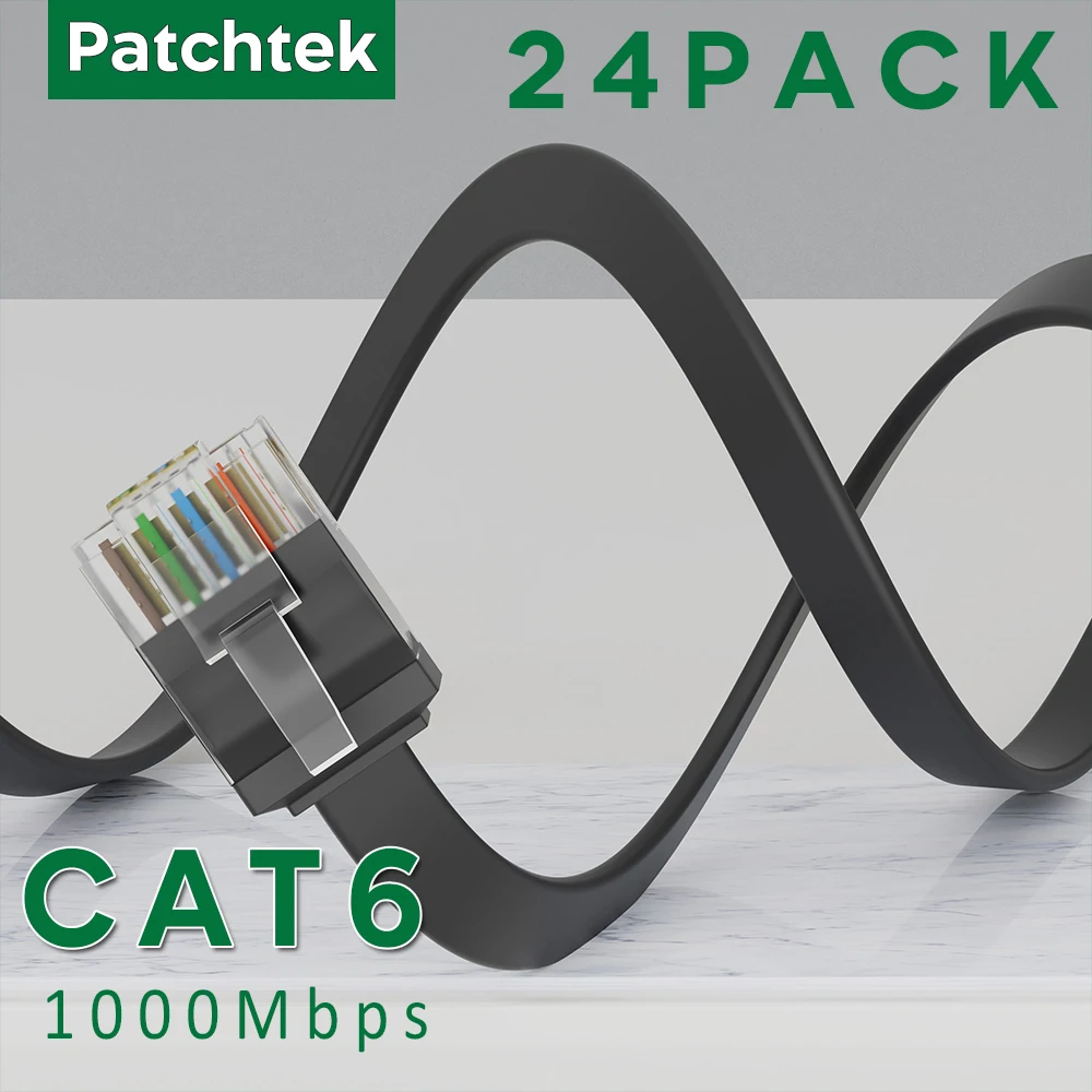 Patchtek Cat6 Flat Ethernet Cable 24 Pack Short UTP Cat6 Flat Ethernet Patch Cable 10G Support Cat 6 Patch for Pan