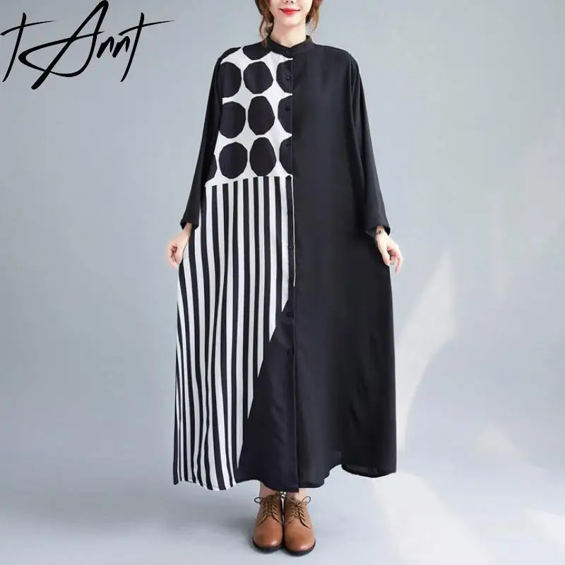 

Tannt Women Dress Long Sleeves Patchwork Color Matching Dot Shirts Dresses Irregular Fashion Loose Long Dresses Women 2024 New