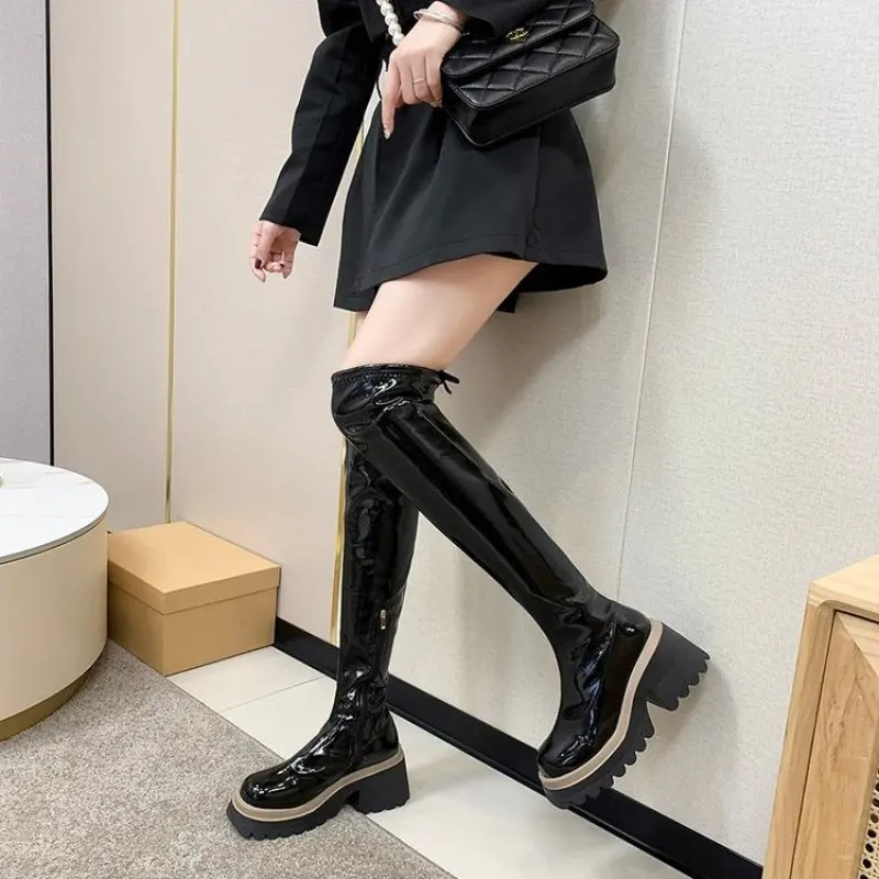 Genuine Leather Knee High Boots Ladies Zipper Platform Warm Winter Boots Square High Heels Wool Snow Boots English Style Fashion