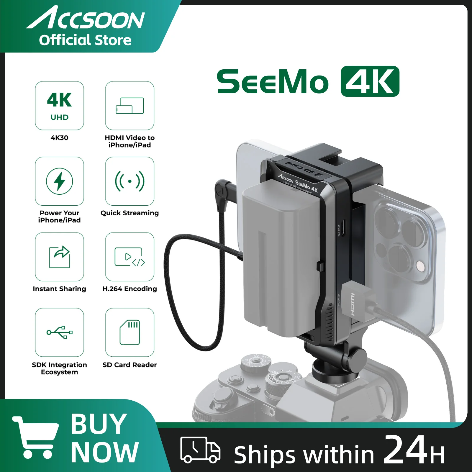 Accsoon Seemo 4K  iPhone ipad Charging SD Card Reader H.264 Recording Sharing Video Live Streaming Capture HDMI to IOS Monitor