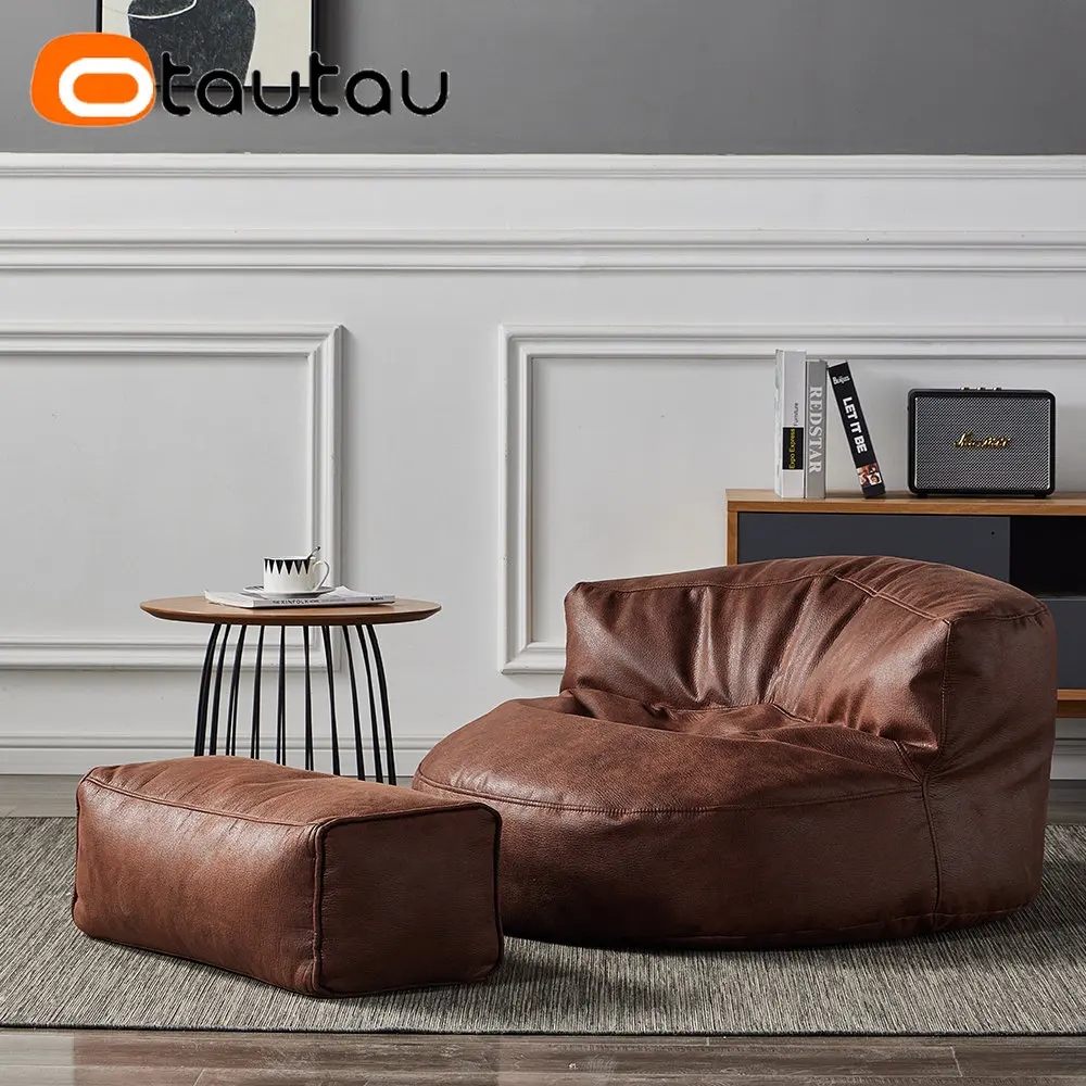 OTAUTAU Top Faux Leather Bean Bag Sofa Set with Filling