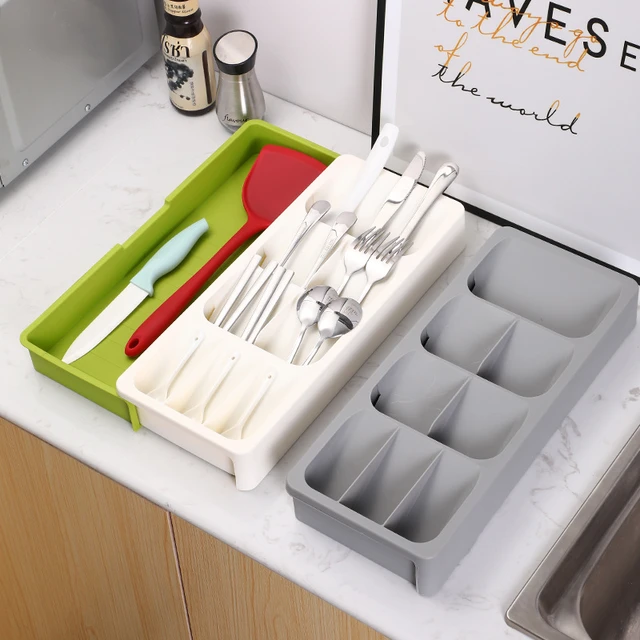 Cajón organizador de cubiertos extensible, bandeja de cubiertos,  almacenamiento de cocina - AliExpress