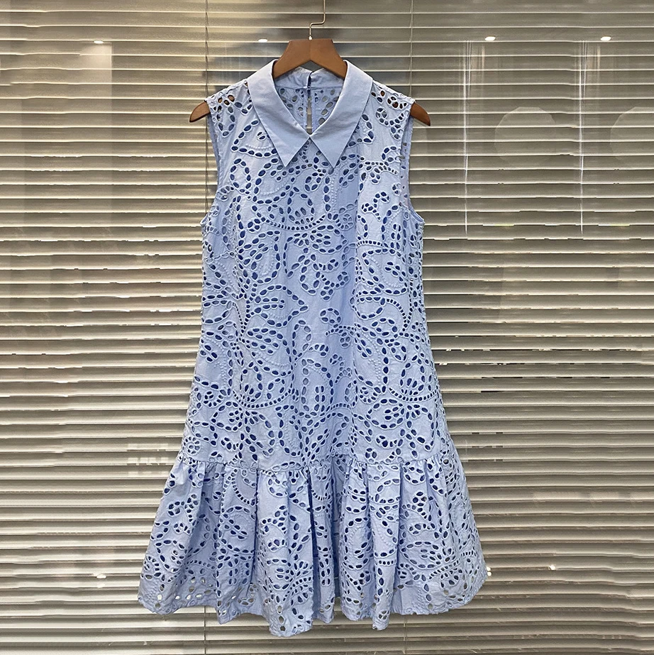 

Blue water-soluble lace two-piece dresses for women 2023 temperament elegant lapel hollow embroidery ruffle sleeveless dress
