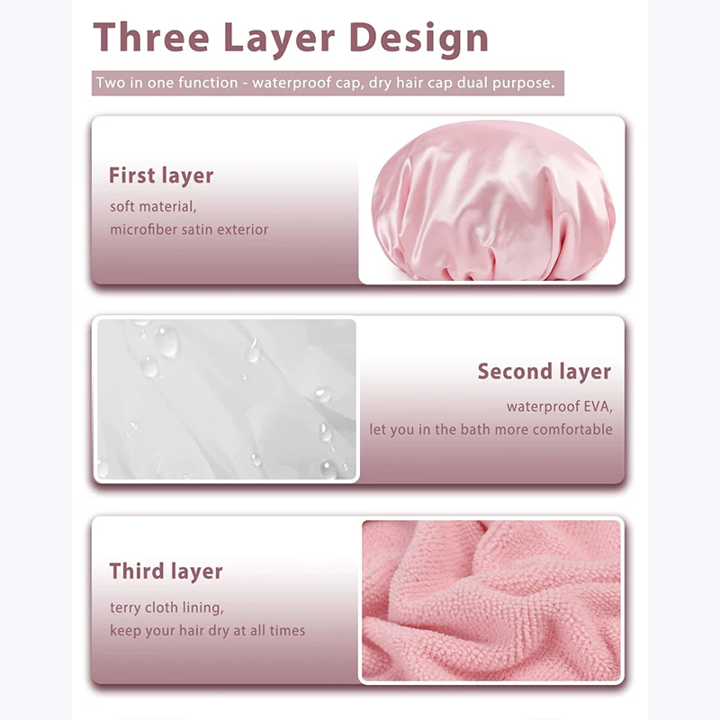 Triple Layer Reusable Waterproof Shower Cap Long Thick Hair Soft Bathing Caps for Women Men Hair Care