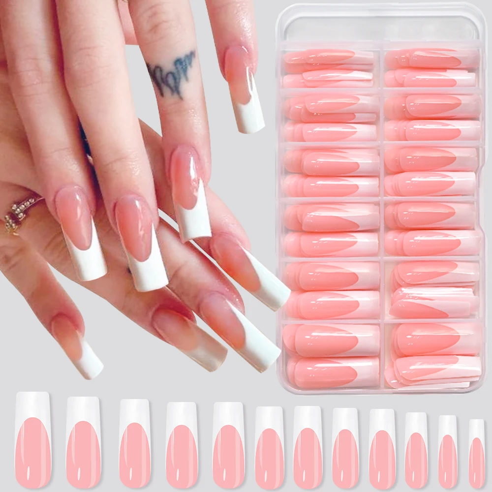 120/240 Stück glänzende rosa französische Nägel zum Aufdrücken, 12 Größen, lange, quadratische künstliche Nägel, weißes Randdesign, vollständige Abdeckung, elegante falsche Fingerspitze – Detail 3