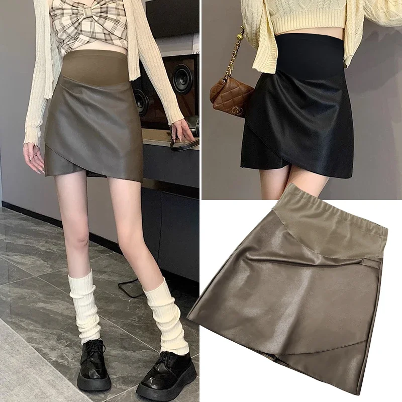 Spring Autumn Pretty Maternity Belly Skirts Irregular Pregnant Woman Pu Leather Skirts Sexy Pregnancy Mini Black Brown