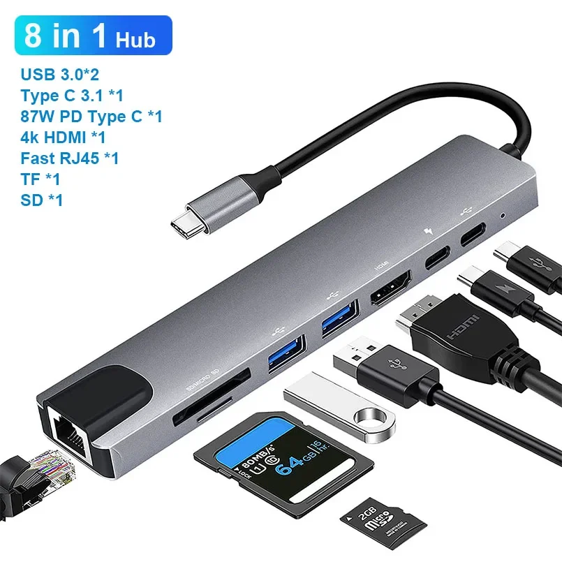 Adaptateur HUB 8 en 1 USB-C type-c to HDMI/RJ45/2*Type-C/SD/Micro