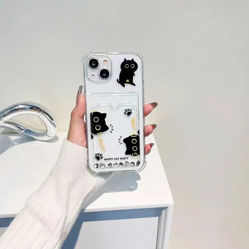 Creative Cat Design Transparent Shockproof Phone Case with Card Holder