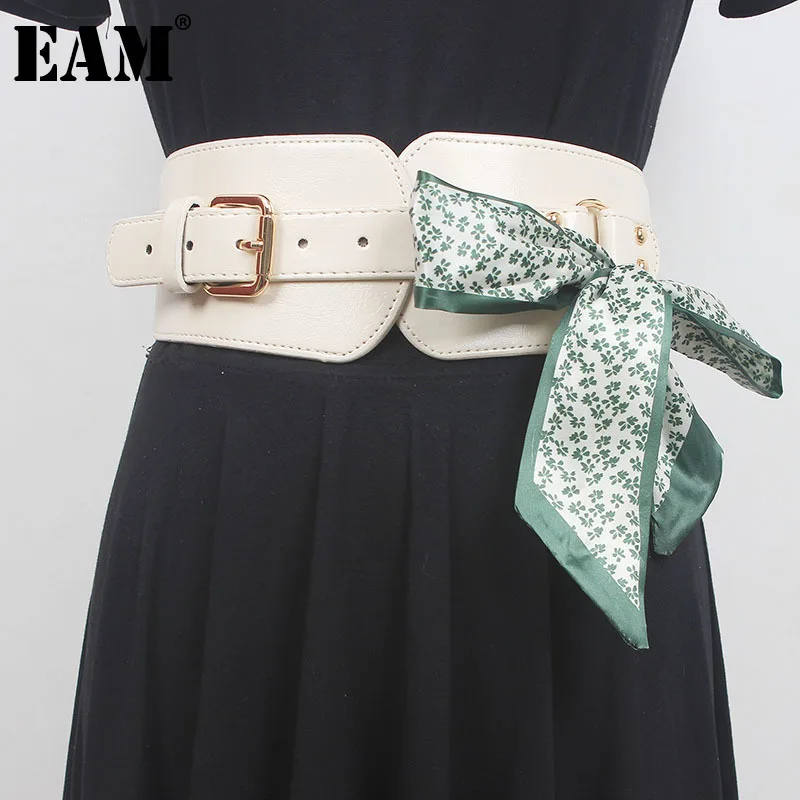 

[EAM] Pu Leather Green Printed Bandage Long Wide Elastic Belt Personality Women New Fashion All-match Spring Autumn 2024 1DF7652