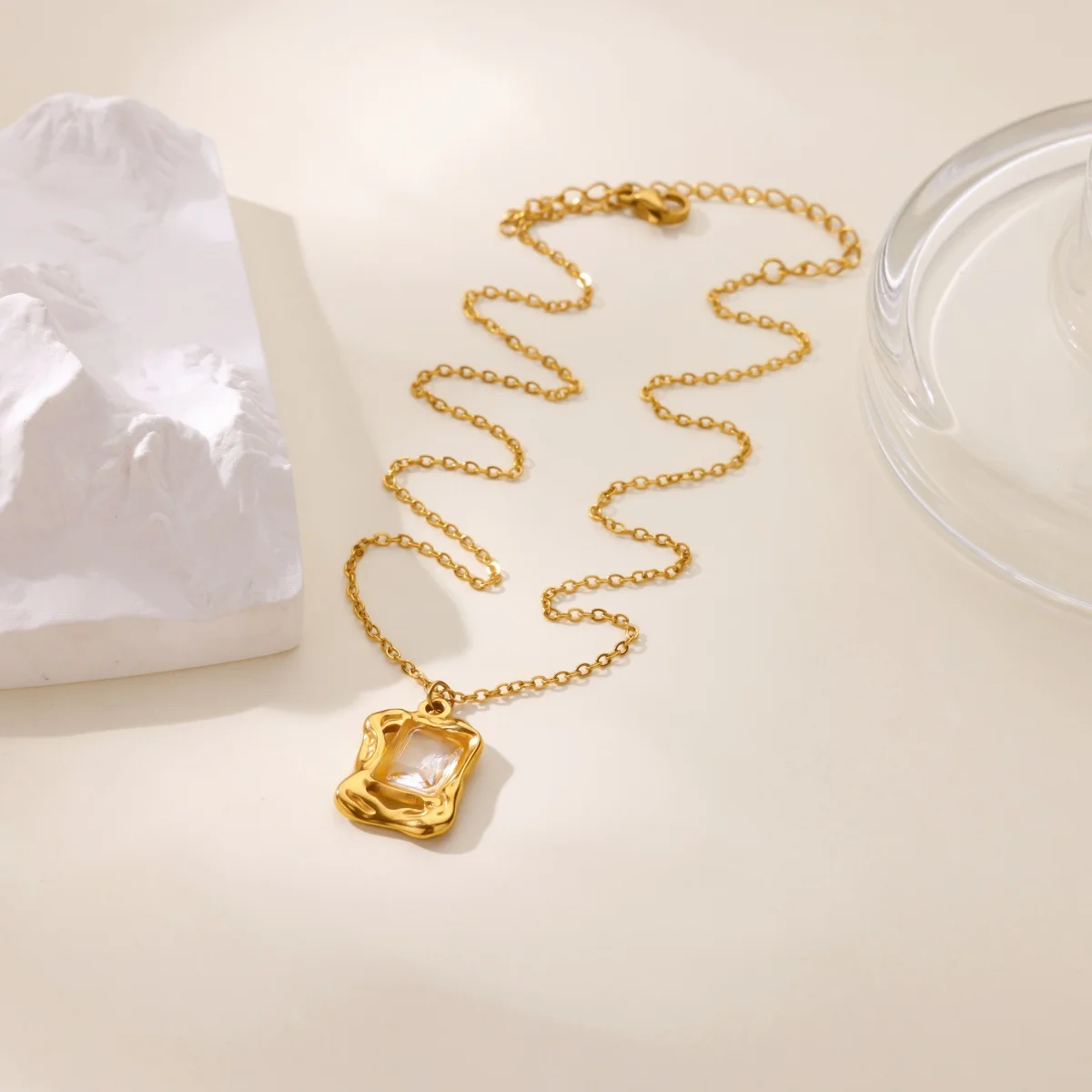 Zircon Square Pendant Necklaces 18K Gold Plated Stainless Steel Necklace