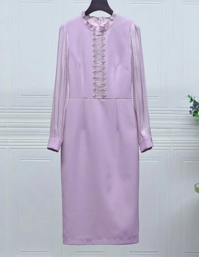 

XXL Bodycon Dress 2023 Autumn Winter Cocktail Party Women Beading Deco Long Sleeve Midi Purple Black Elegant Lady Dress Vestidos