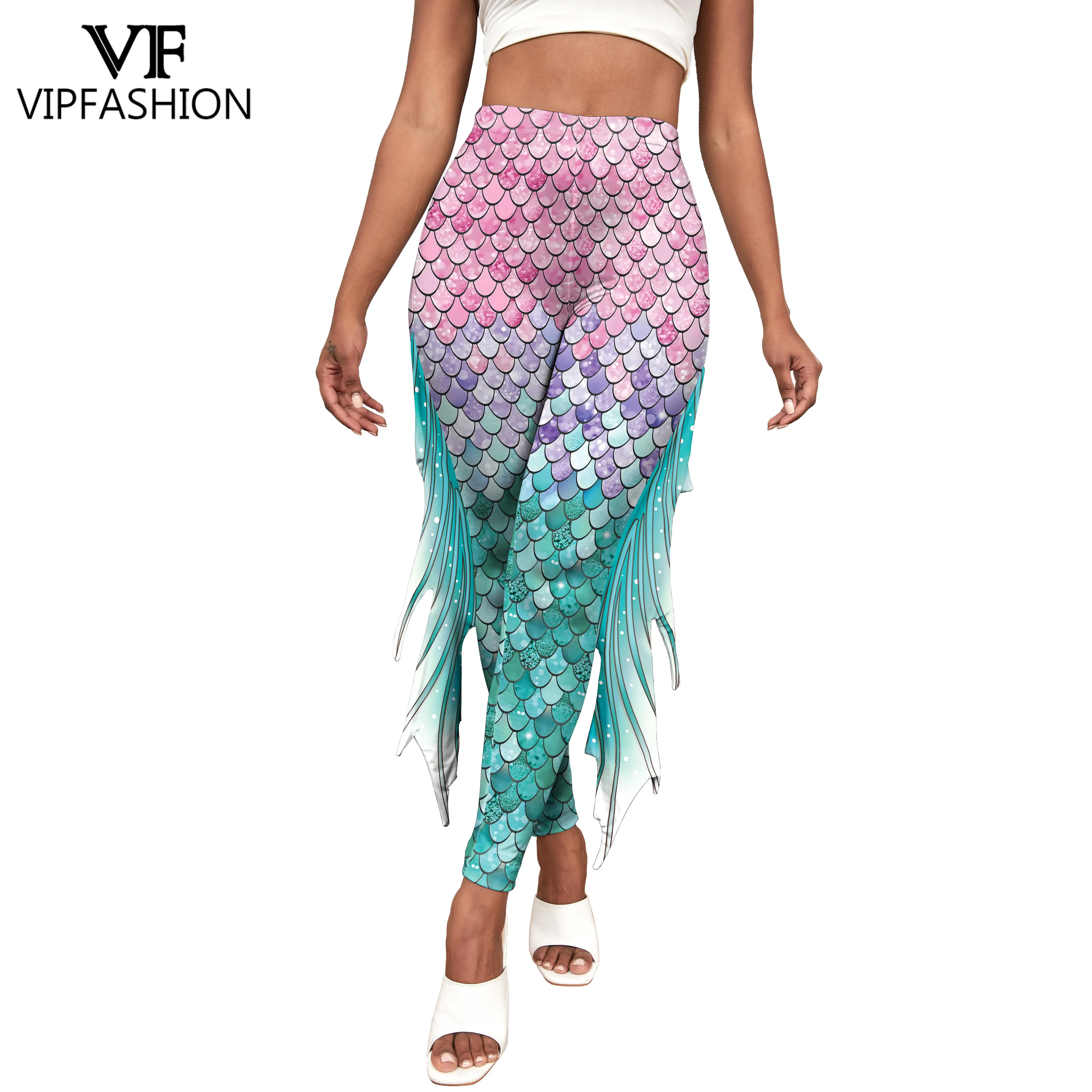 

VIP FASHION Mermaid Leggings Women 3D Print Fish Scale Trousers Holiday Party Cosplay Costume Elastic Sexy Tights Seam Gym Pants