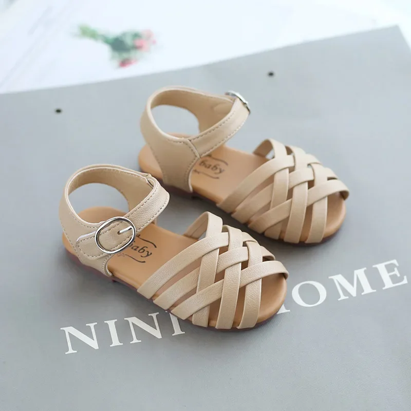 Baby Girls Summer Sandals Toddler Kids Shoes Sweet Princess Soft Children Beach Rome Sandals Woven Cut-outs Toe-capped Princess